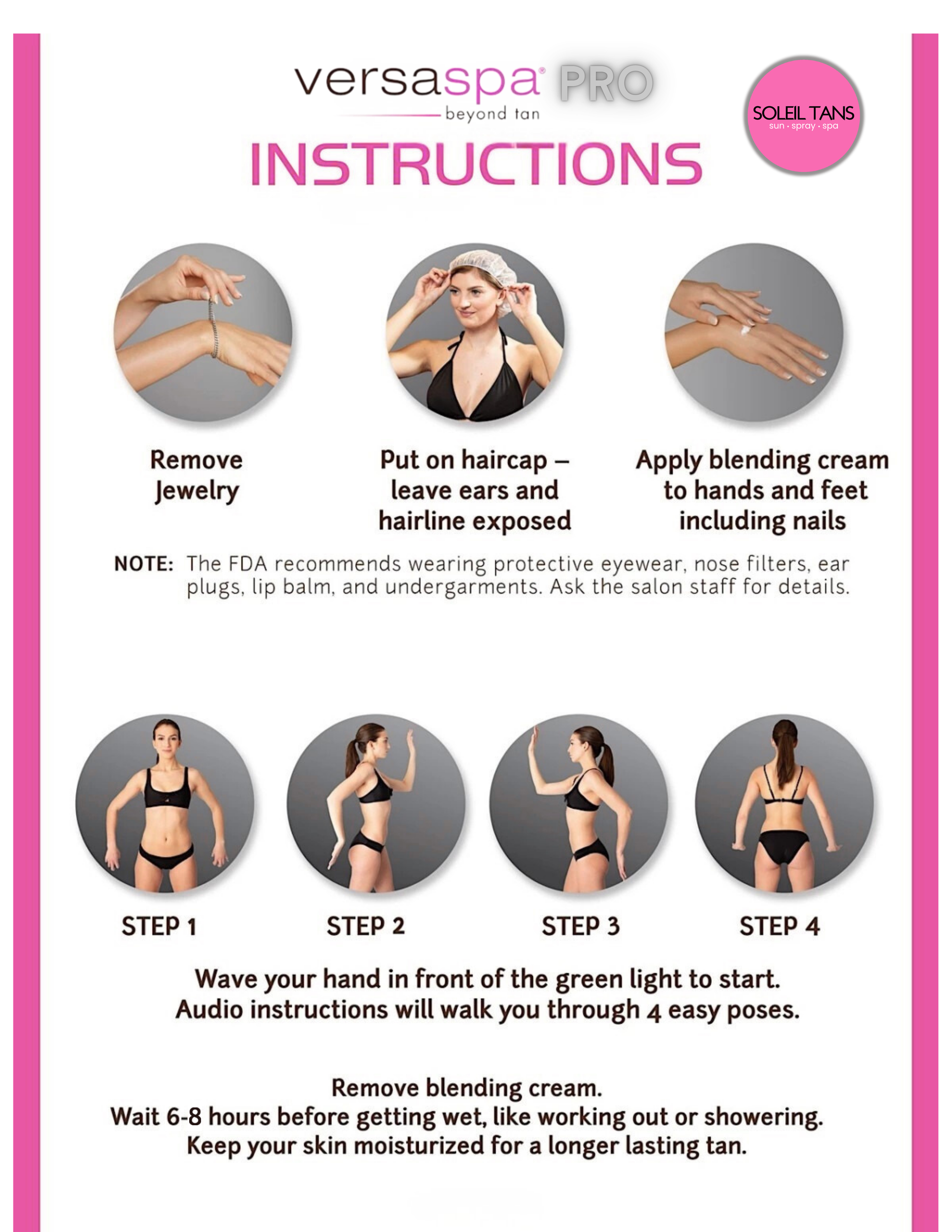 Spray VersaSpa PRO spray instructions: before you begin, four audio-guided poses, and aftercare